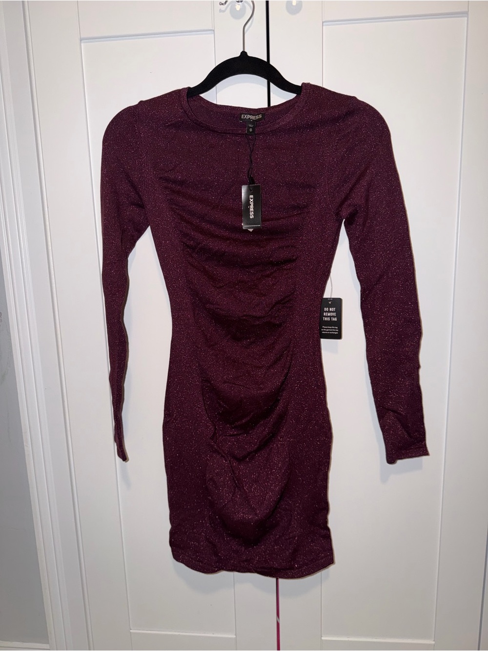 Express Sparkle Burgundy Long-Sleeve Ruched Sheath Dress